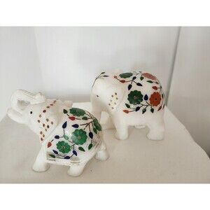 Set Of Two Marble Elephants White With Flower Decor (1) 2.5 In. (1) 3.0 In.